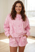 Abstract Print Ribbed Crewneck Long Sleeve Top Elastic Waist Short Set