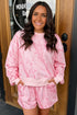 Abstract Print Ribbed Crewneck Long Sleeve Top Elastic Waist Short Set