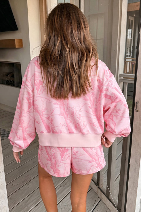 Abstract Print Ribbed Crewneck Long Sleeve Top Elastic Waist Short Set