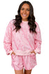 Abstract Print Ribbed Crewneck Long Sleeve Top Elastic Waist Short Set