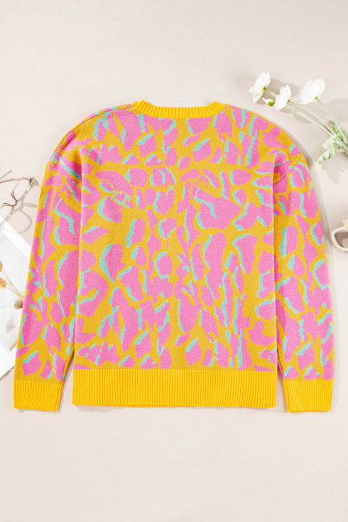 Abstract Print Ribbed Trim Baggy Sweater