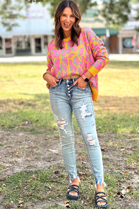 Abstract Print Ribbed Trim Baggy Sweater