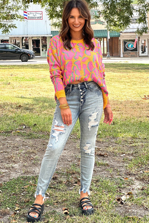 Abstract Print Ribbed Trim Baggy Sweater