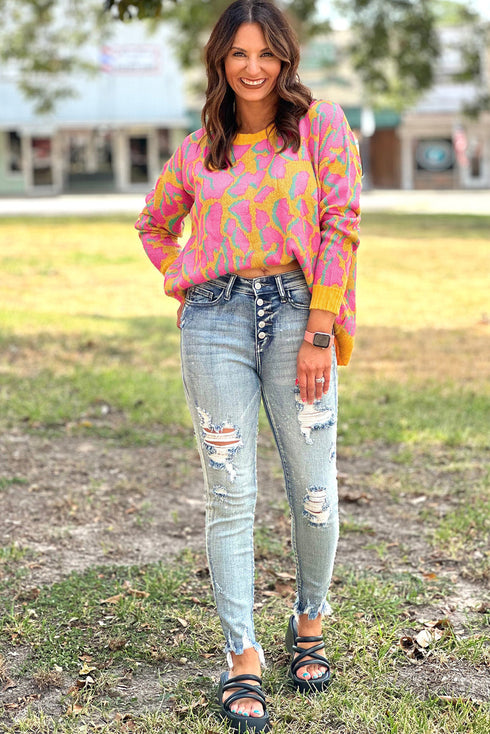 Abstract Print Ribbed Trim Baggy Sweater