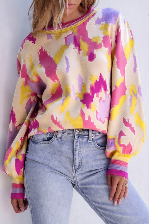 Abstract Print Ribbed Trim Pullover Knit Sweater