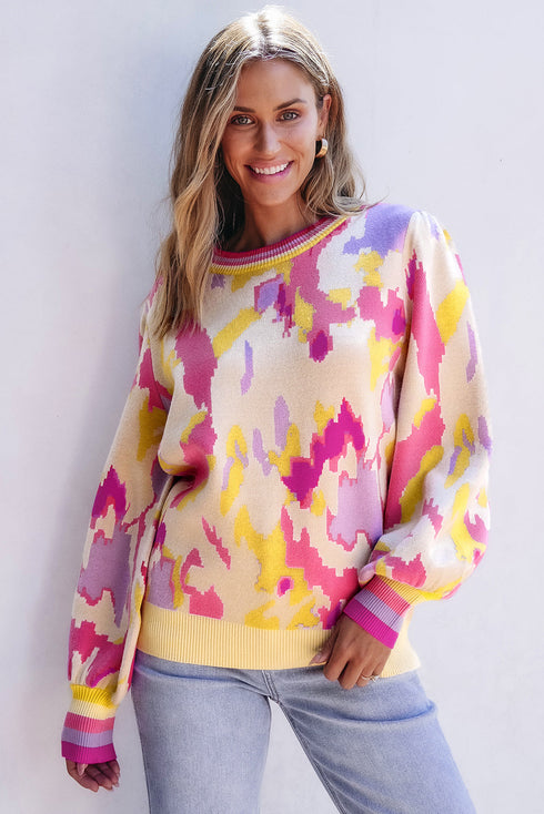 Abstract Print Ribbed Trim Pullover Knit Sweater