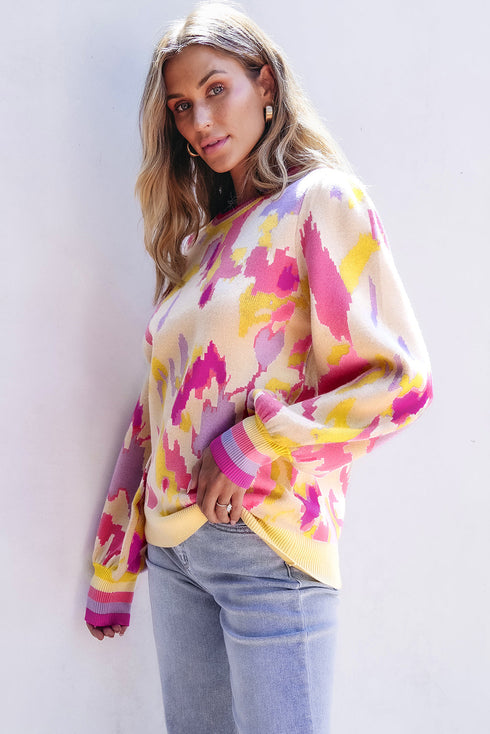 Abstract Print Ribbed Trim Pullover Knit Sweater