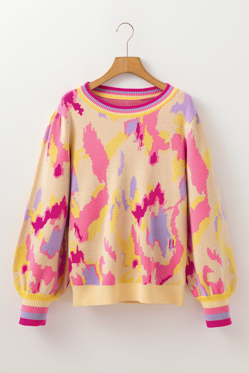Abstract Print Ribbed Trim Pullover Knit Sweater
