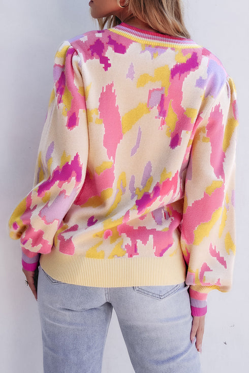 Abstract Print Ribbed Trim Pullover Knit Sweater