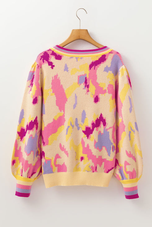Abstract Print Ribbed Trim Pullover Knit Sweater