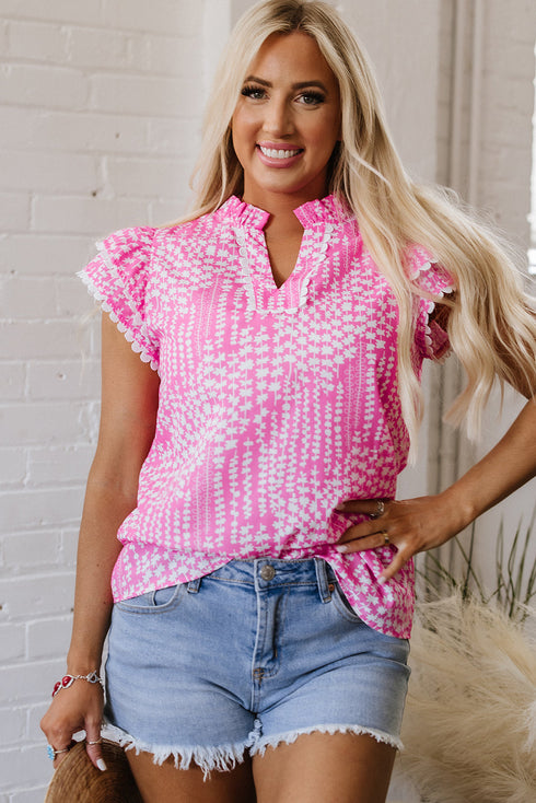 Abstract Print Ric Rac Trim Flutter Sleeve Notch Blouse