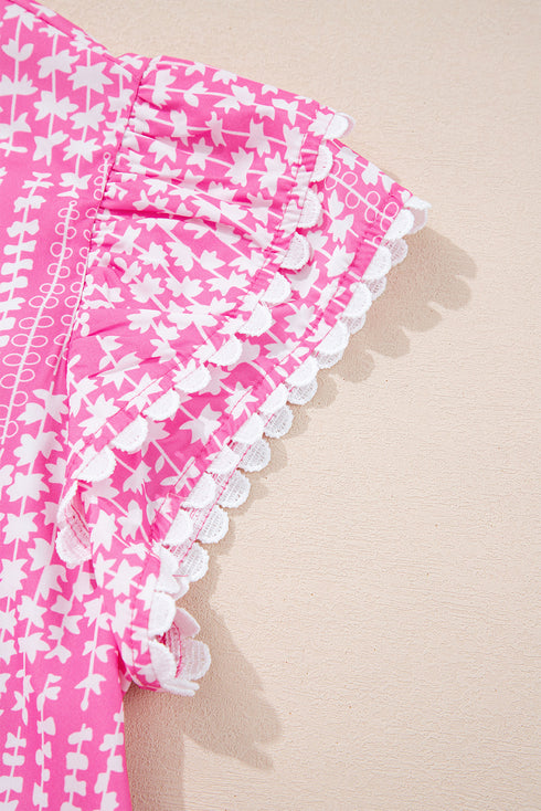 Abstract Print Ric Rac Trim Flutter Sleeve Notch Blouse