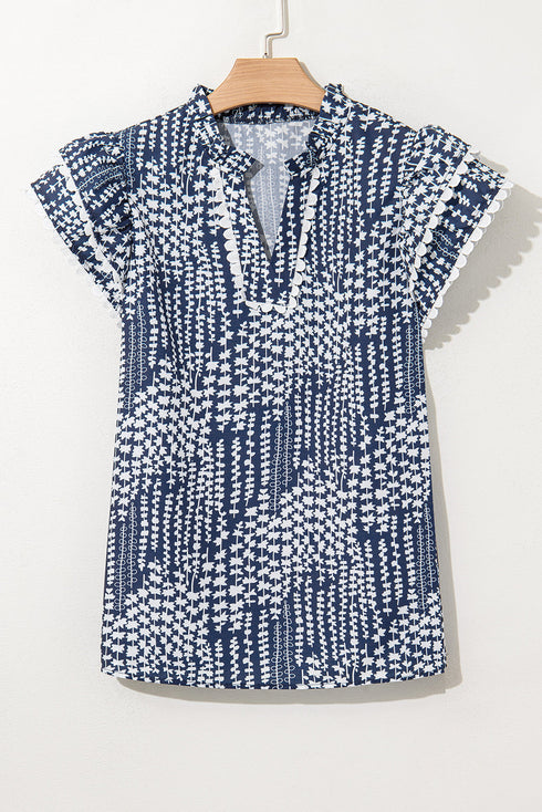 Abstract Print Ric Rac Trim Flutter Sleeve Notch Blouse