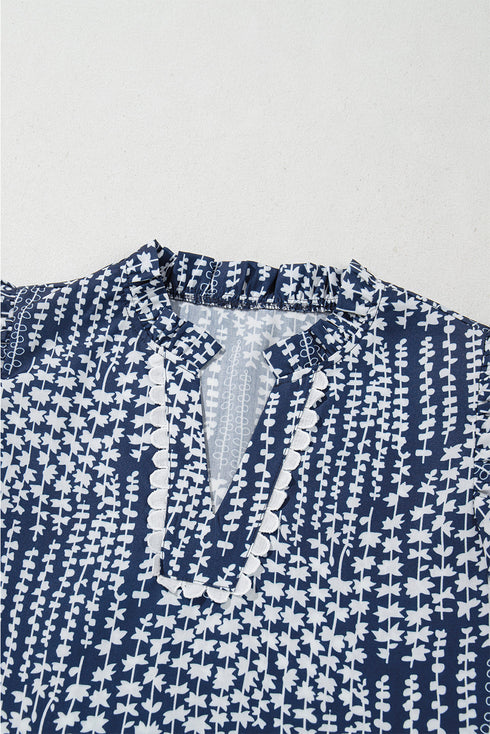 Abstract Print Ric Rac Trim Flutter Sleeve Notch Blouse