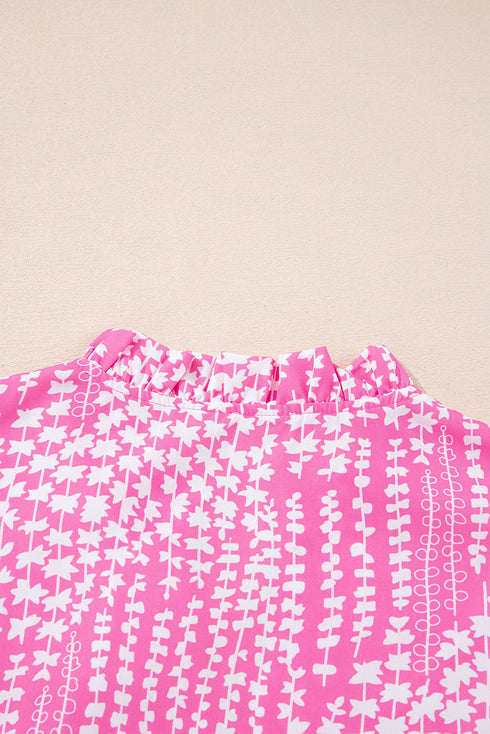 Abstract Print Ric Rac Trim Flutter Sleeve Notch Blouse