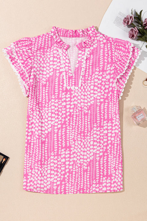 Abstract Print Ric Rac Trim Flutter Sleeve Notch Blouse