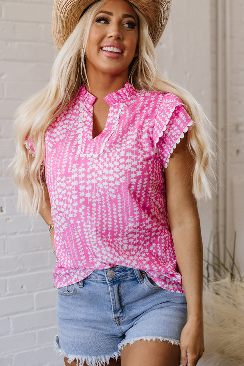 Abstract Print Ric Rac Trim Flutter Sleeve Notch Blouse