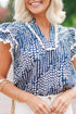 Abstract Print Ric Rac Trim Flutter Sleeve Notch Blouse