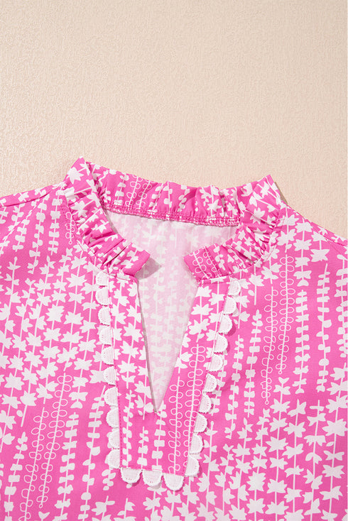 Abstract Print Ric Rac Trim Flutter Sleeve Notch Blouse