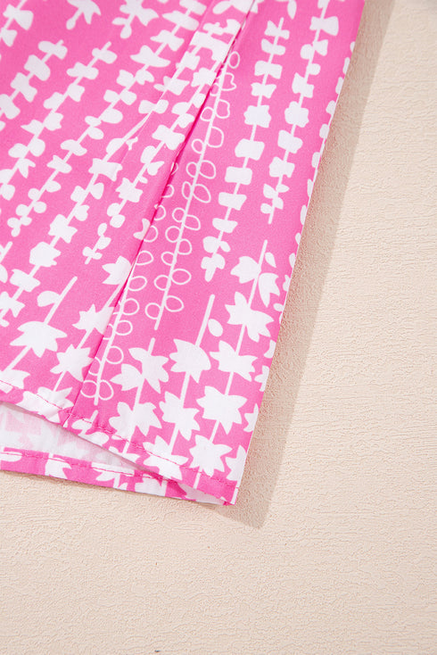 Abstract Print Ric Rac Trim Flutter Sleeve Notch Blouse