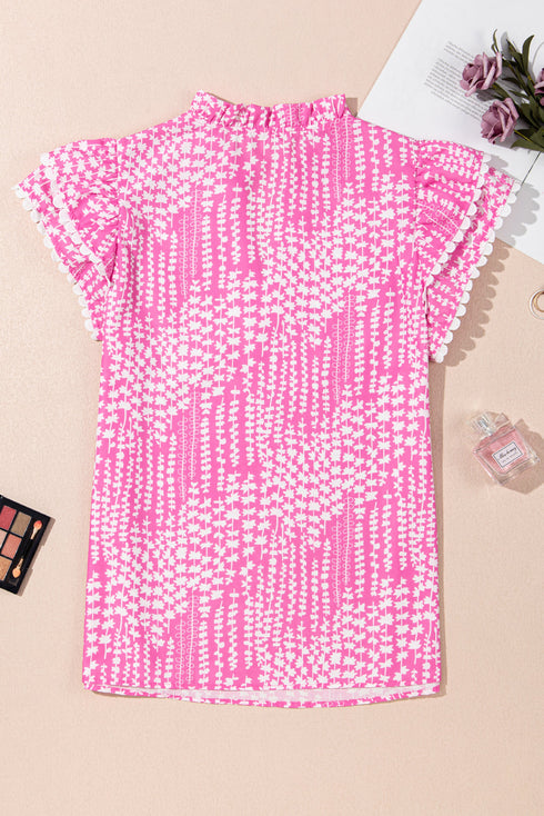 Abstract Print Ric Rac Trim Flutter Sleeve Notch V Neck Blouse