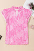 Abstract Print Ric Rac Trim Flutter Sleeve Notch V Neck Blouse