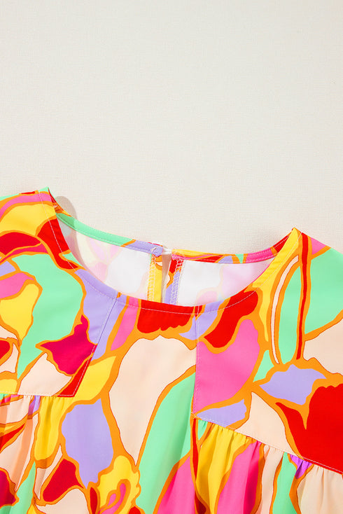 Abstract Print Round Neck Puff Sleeve Woven Blouse