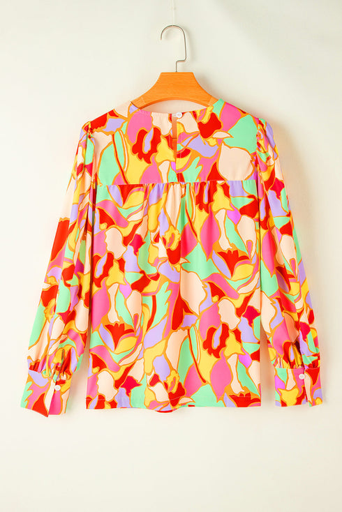 Abstract Print Round Neck Puff Sleeve Woven Blouse