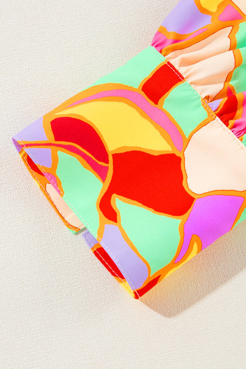 Abstract Print Round Neck Puff Sleeve Woven Blouse