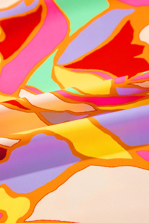 Abstract Print Round Neck Puff Sleeve Woven Blouse