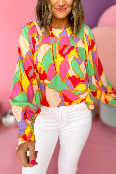 Abstract Print Round Neck Puff Sleeve Woven Blouse