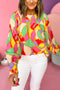 Abstract Print Round Neck Puff Sleeve Woven Blouse