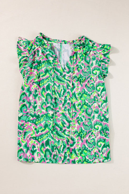 Abstract Print Ruffle Flutter Sleeve Tie Neck Blouse