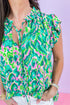 Abstract Print Ruffle Flutter Sleeve Tie Neck Blouse