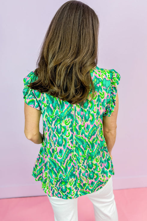 Abstract Print Ruffle Flutter Sleeve Tie Neck Blouse