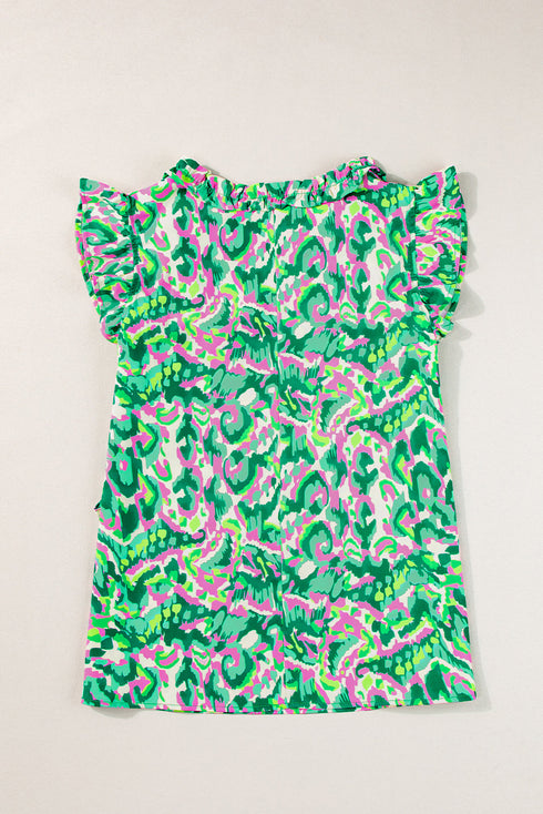 Abstract Print Ruffle Flutter Sleeve Tie Neck Blouse