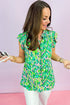 Abstract Print Ruffle Flutter Sleeve Tie Neck Blouse