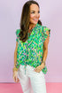 Abstract Print Ruffle Flutter Sleeve Tie Neck Blouse