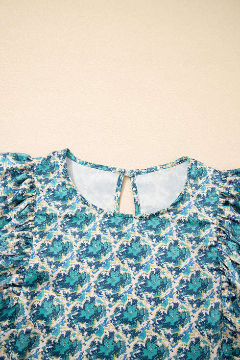 Abstract Print Ruffle Shoulder Long Sleeve Blouse