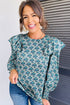 Abstract Print Ruffle Shoulder Long Sleeve Blouse