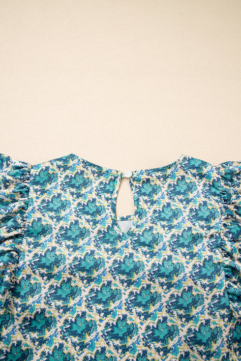 Abstract Print Ruffle Shoulder Long Sleeve Blouse