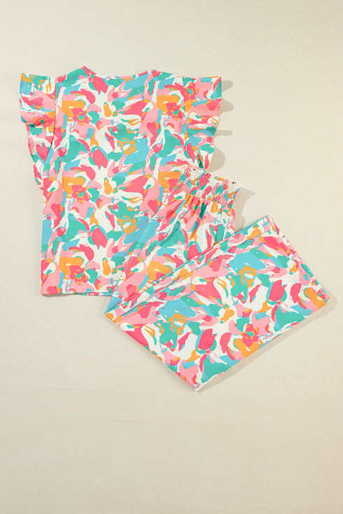 Abstract Print Ruffle Sleeve Smocked Wide Leg Pant Sets