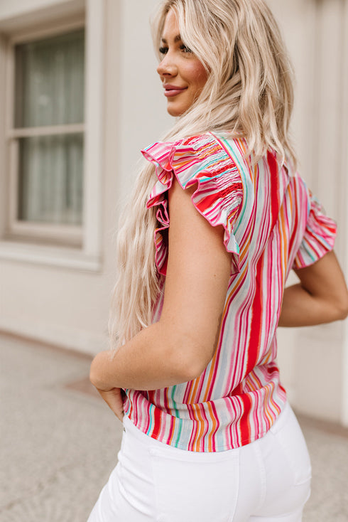 Abstract Print Ruffle Sleeve V Neck Lightweight Blouse