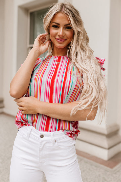 Abstract Print Ruffle Sleeve V Neck Lightweight Blouse