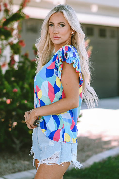 Abstract Print Ruffle Sleeve V Neck Lightweight Blouse