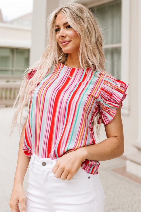 Abstract Print Ruffle Sleeve V Neck Lightweight Blouse