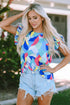Abstract Print Ruffle Sleeve V Neck Lightweight Blouse