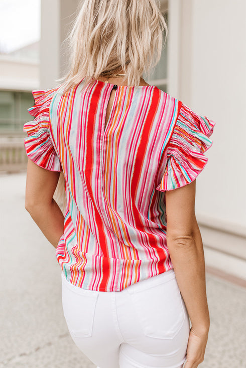 Abstract Print Ruffle Sleeve V Neck Lightweight Blouse