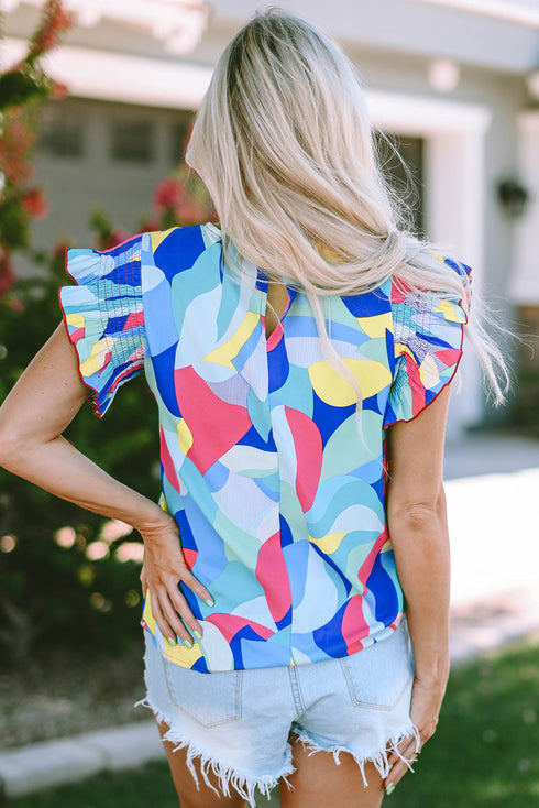 Abstract Print Ruffle Sleeve V Neck Lightweight Blouse