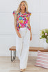 Abstract Print Ruffled Flutter Sleeve Tie Neck Cotton Blouse